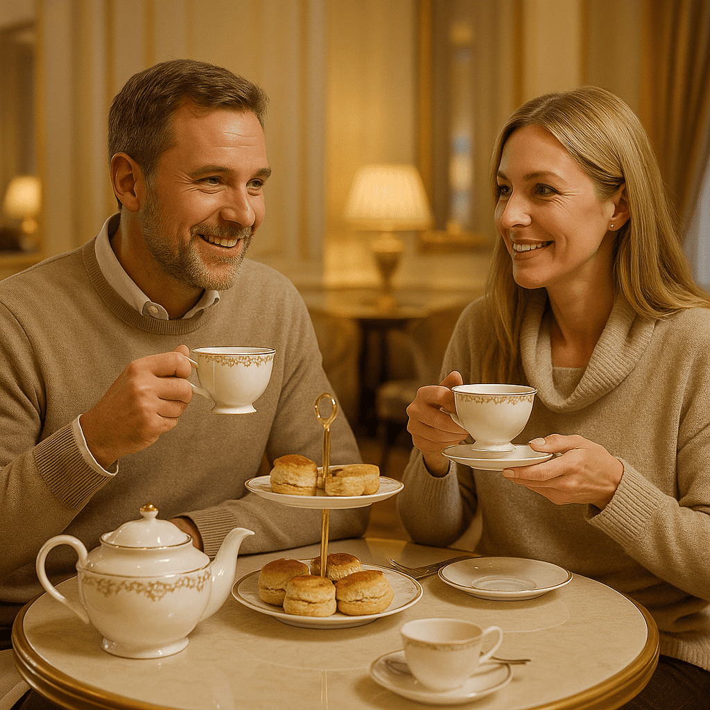 Deutsches Paar genießt Afternoon Tea in einem eleganten Londoner Tee-Salon