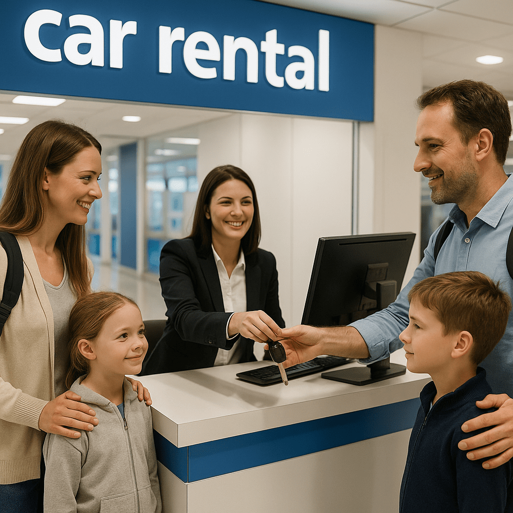 Familie mietet am britischen Flughafen ein Auto zur Fahrt nach Holyhead