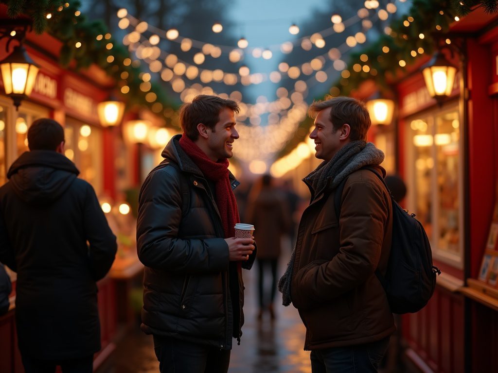 Familie besucht britischen Weihnachtsmarkt mit Lichtern bei Nacht