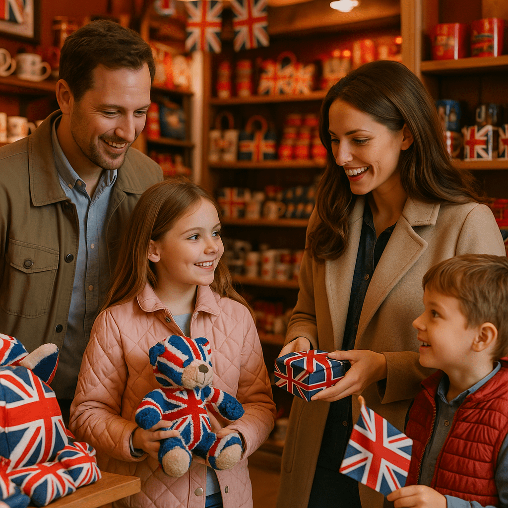 Familie beim Einkaufen britischer Souvenirs in einem warmen Geschenkeladen mit Dekor in Rot, Weiß und Blau