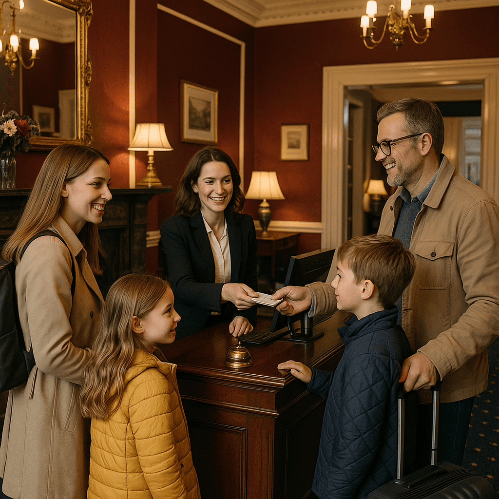 Deutsche Familie beim Einchecken in elegantes britisches Boutique-Hotel mit viktorianischem Lobby-Flair