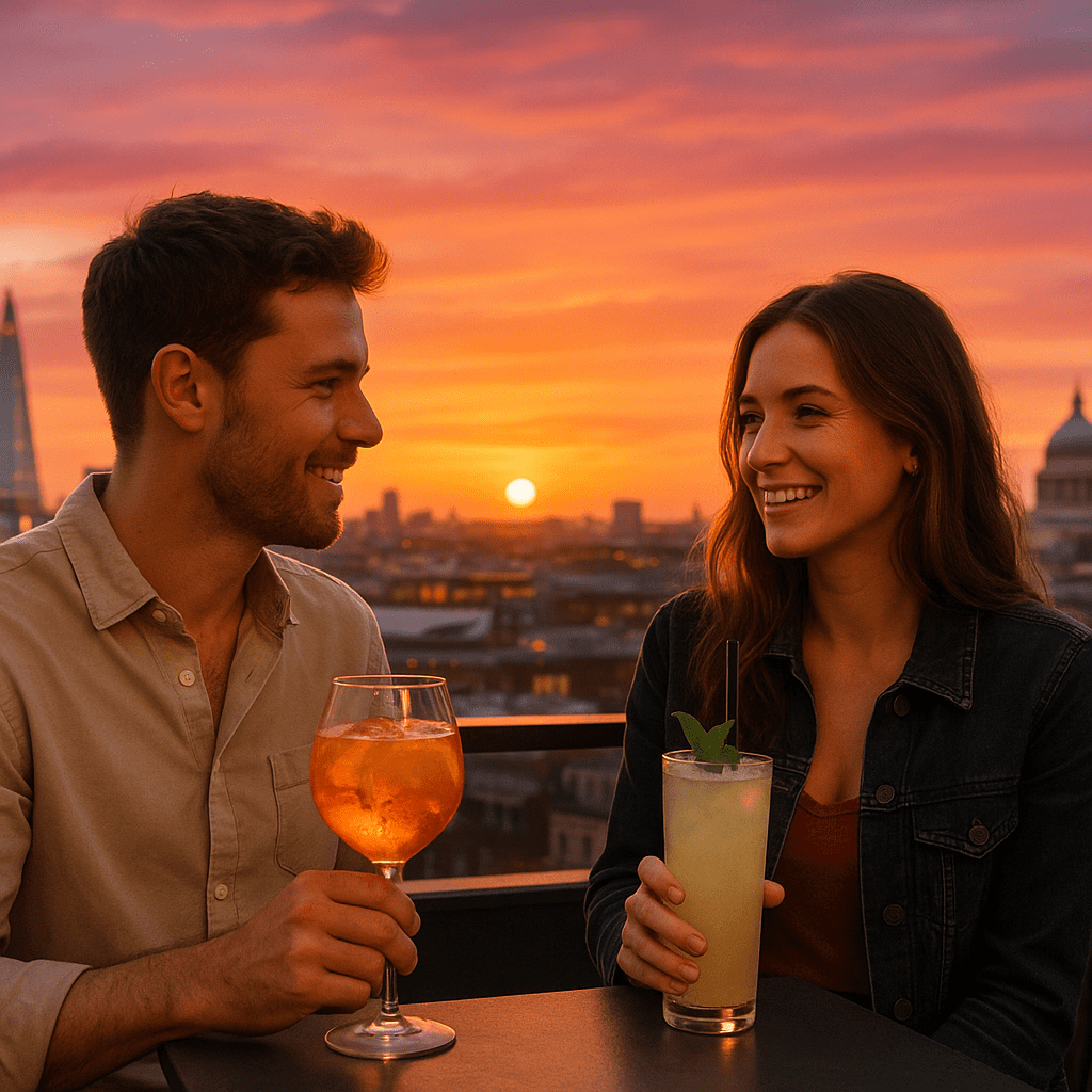Paar genießt Cocktails bei Sonnenuntergang auf einer Rooftop-Bar in London mit Blick über die Stadt