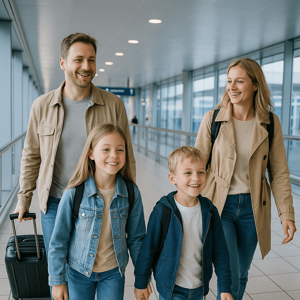 Deutsche Familie geht durch Terminal in Heathrow nach schneller ETA-Einreise aus Deutschland