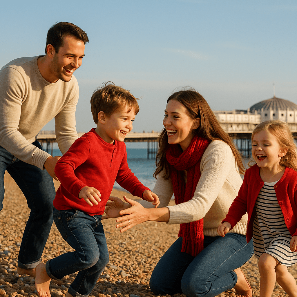 Deutsche Familie spielt am Strand von Brighton bei spätnachmittäglicher Sonne vor dem viktorianischen Pier