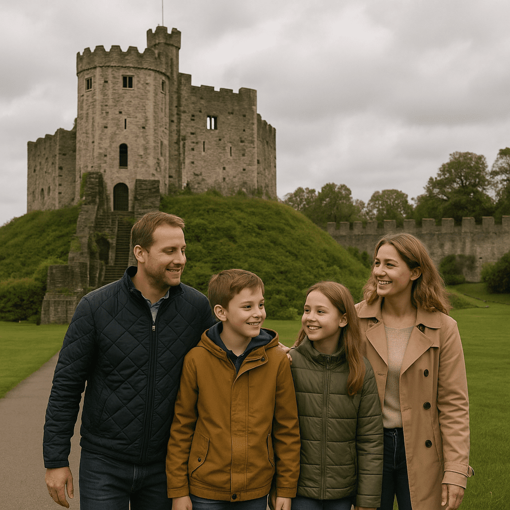Deutsche Familie erkundet das historische Cardiff Castle an einem bewölkten Tag