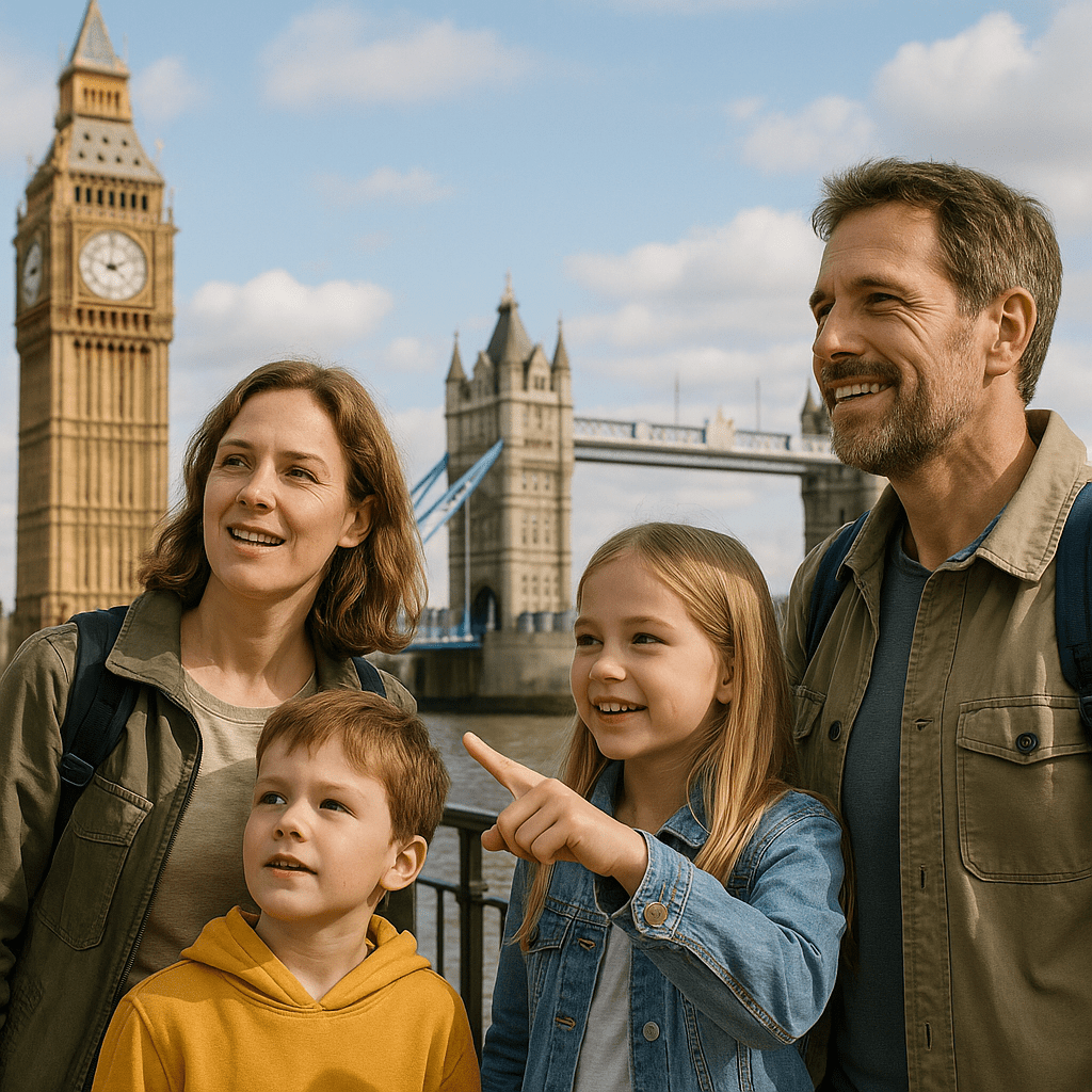 Deutsche Familie besichtigt Big Ben und Tower Bridge bei Tageslicht