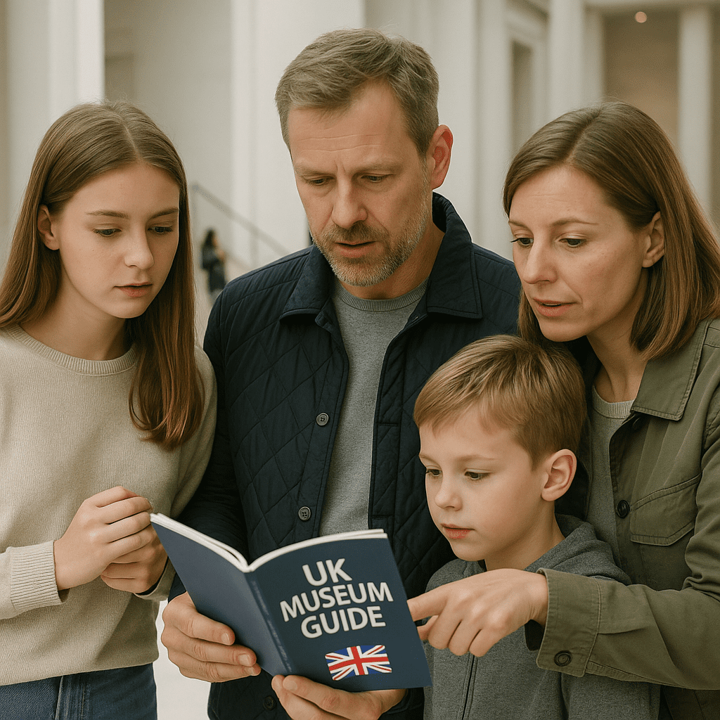 Deutsche Familie liest Museumsführer in heller Londoner Museumslobby