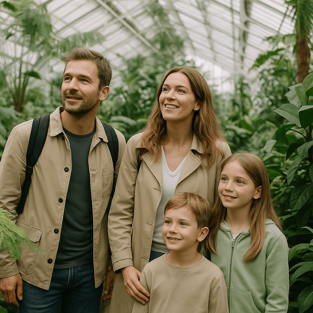 Deutsche Familie erkundet botanische Gärten im UK-Gewächshaus bei Tageslicht