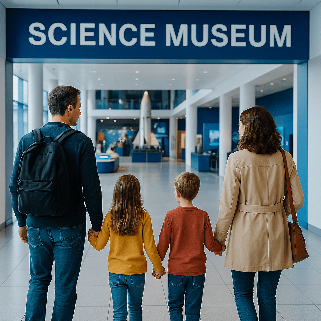 Deutsche Familie betritt helles, modernes Wissenschaftsmuseum in Großbritannien