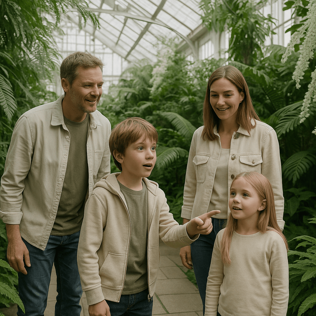 Deutsche Familie erkundet botanische Gärten im UK-Gewächshaus bei Tageslicht