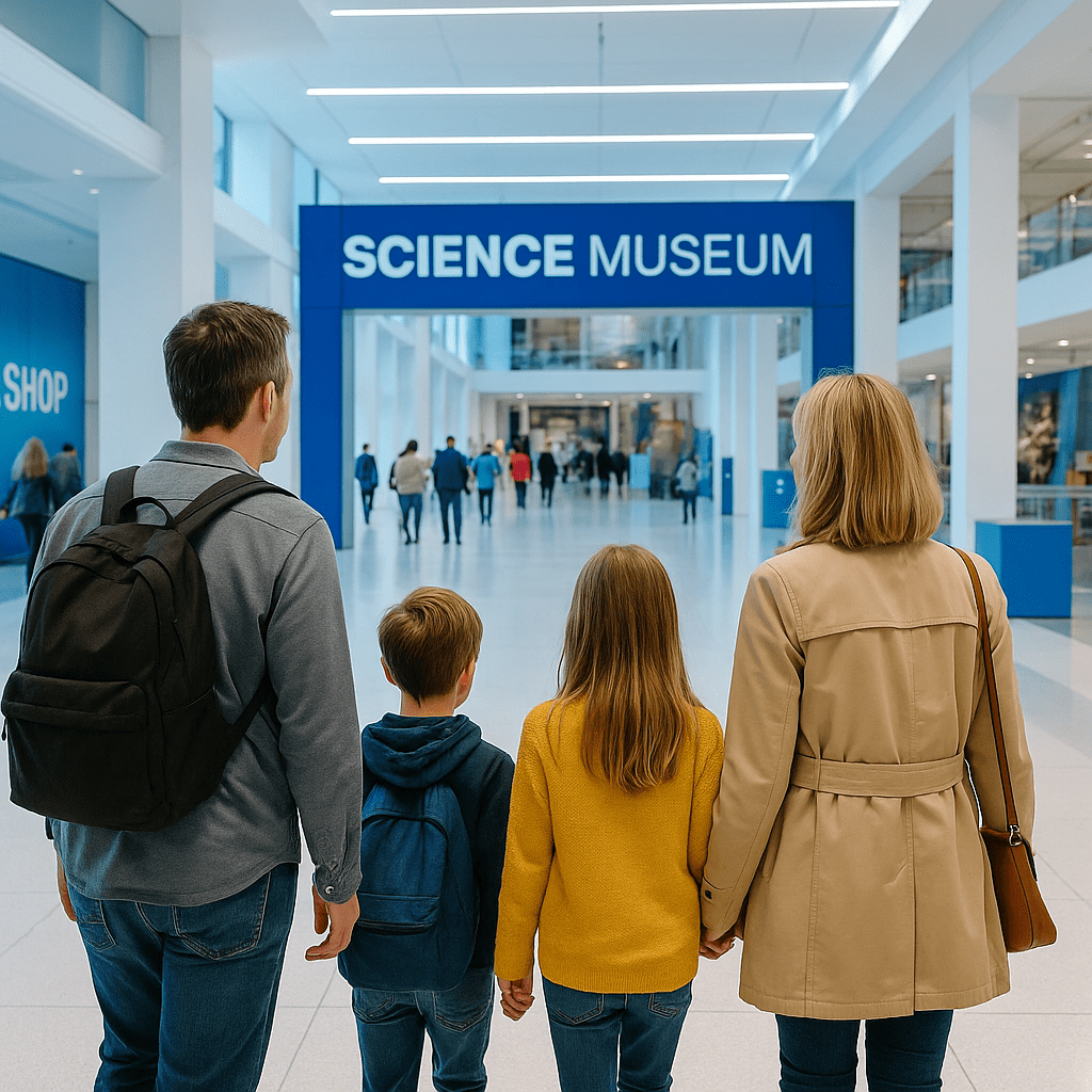 Deutsche Familie betritt ein modernes Wissenschaftsmuseum in Großbritannien