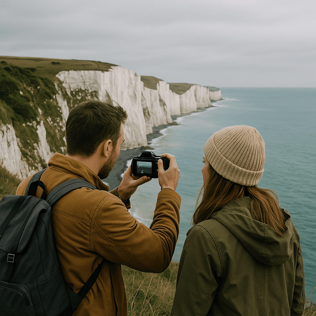 Deutsches Paar fotografiert die weißen Klippen von Dover an einem bewölkten Tag mit Blick auf das blaue Meer
