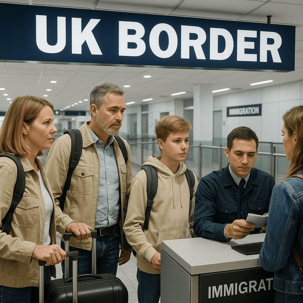 Deutsche Reisende bei britischer Grenzkontrolle mit Koffern und Pässen