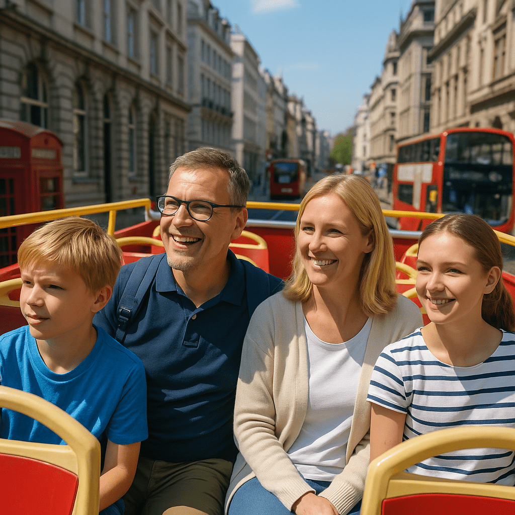 Deutsche Urlauber genießen eine Stadtrundfahrt auf einem offenen Doppeldeckerbus in London bei strahlendem Sonnenschein