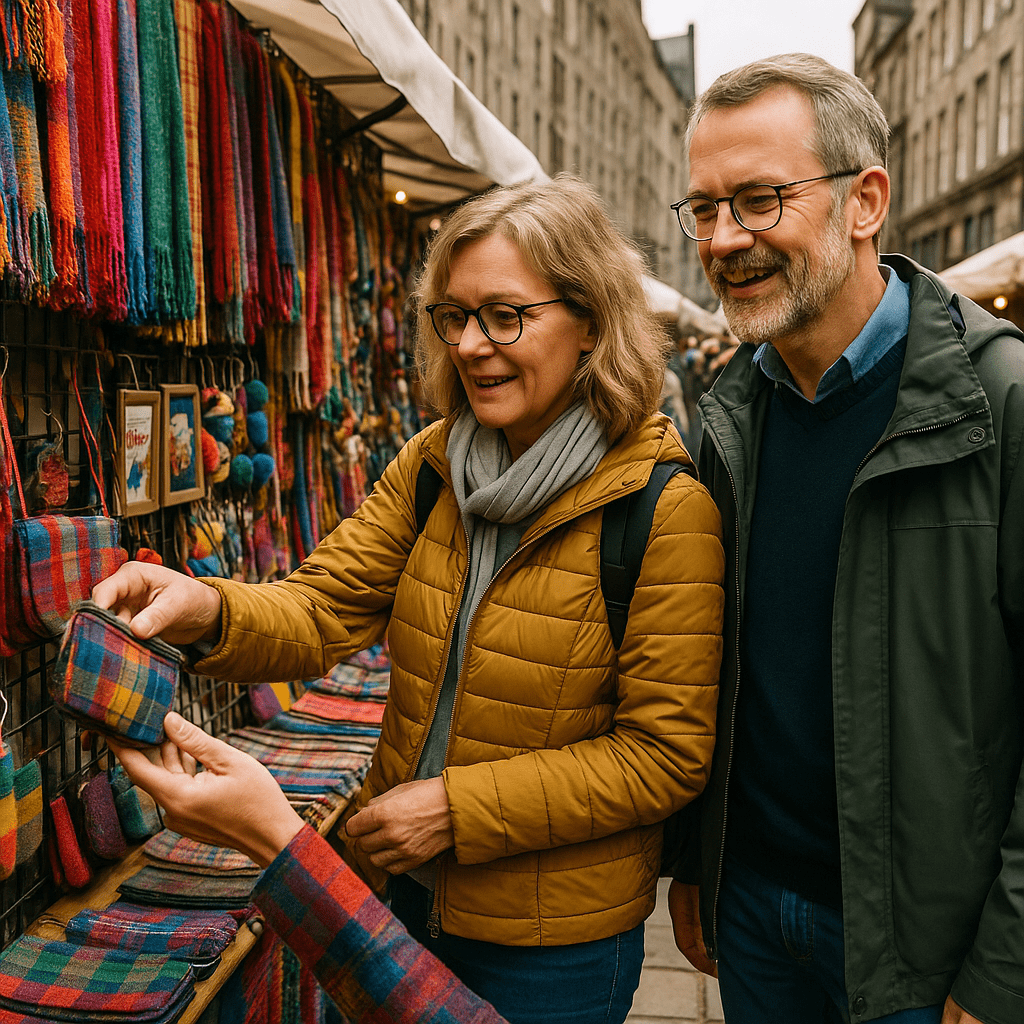 Deutsche Touristen stöbern bei Tageslicht auf einem Handwerksmarkt in Edinburgh