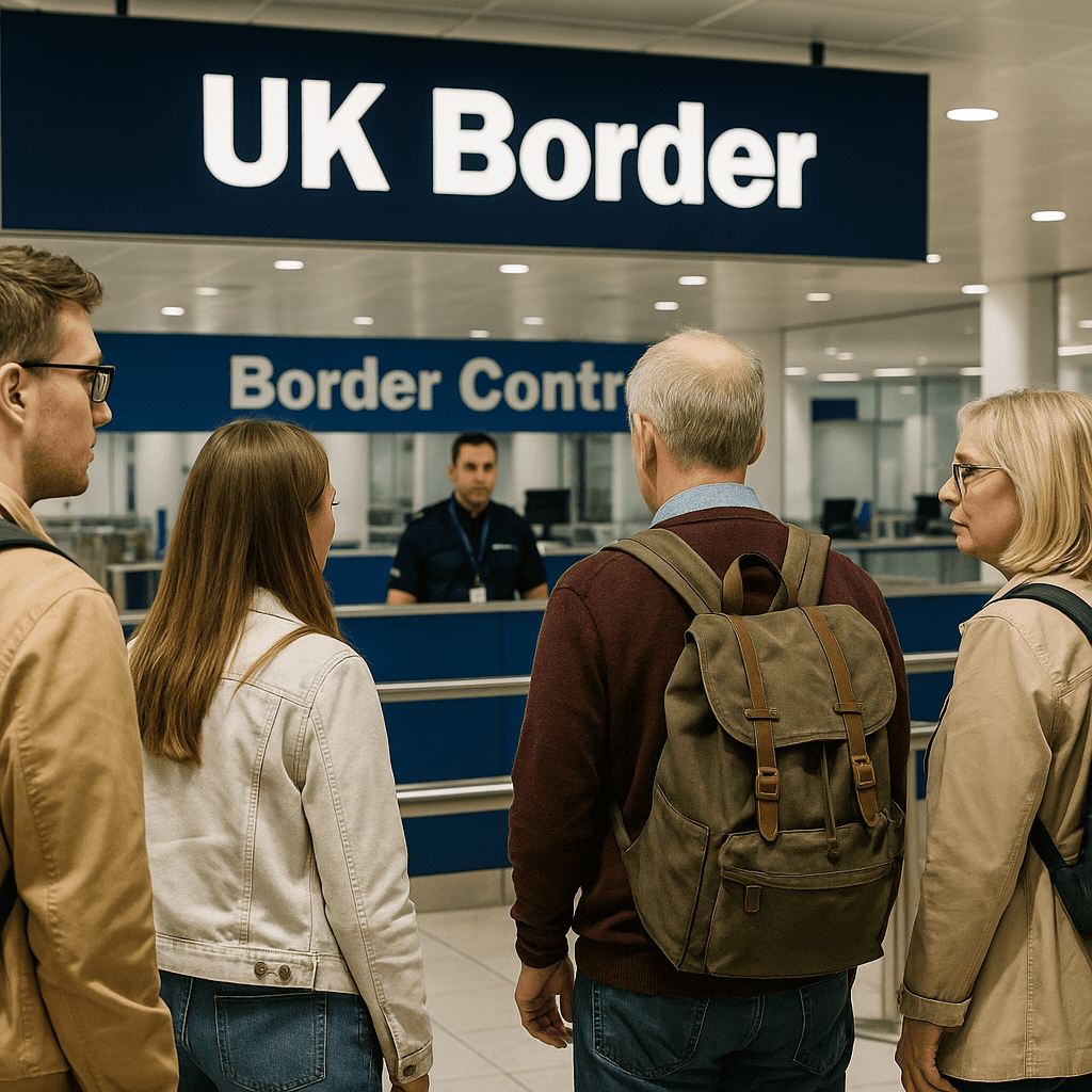 Deutsche Reisende passieren britische Grenzkontrolle mit Reisepässen in heller, moderner Umgebung