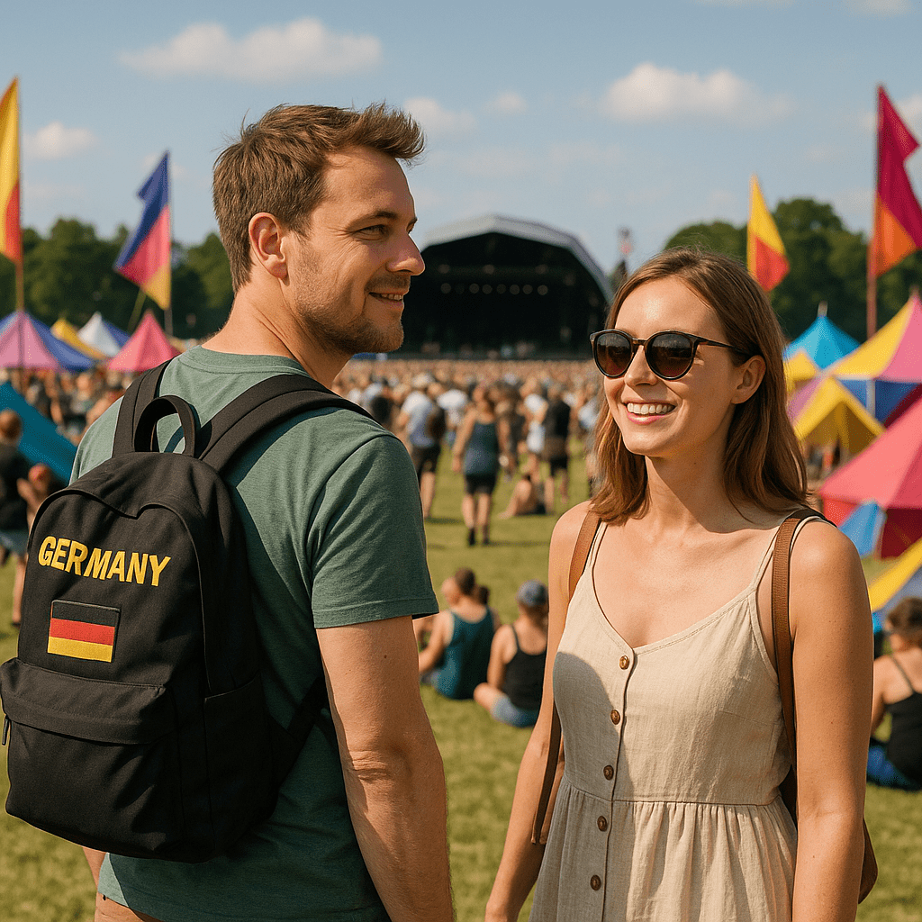 Deutsche Besucher genießen ein Sommerfestival mit bunten Zelten im Freien bei Tageslicht