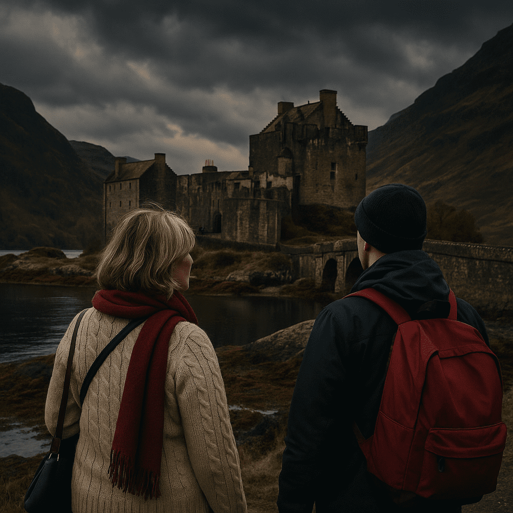 Deutsche Reisende erkunden eine majestätische Burg in den schottischen Highlands bei dramatischem Licht