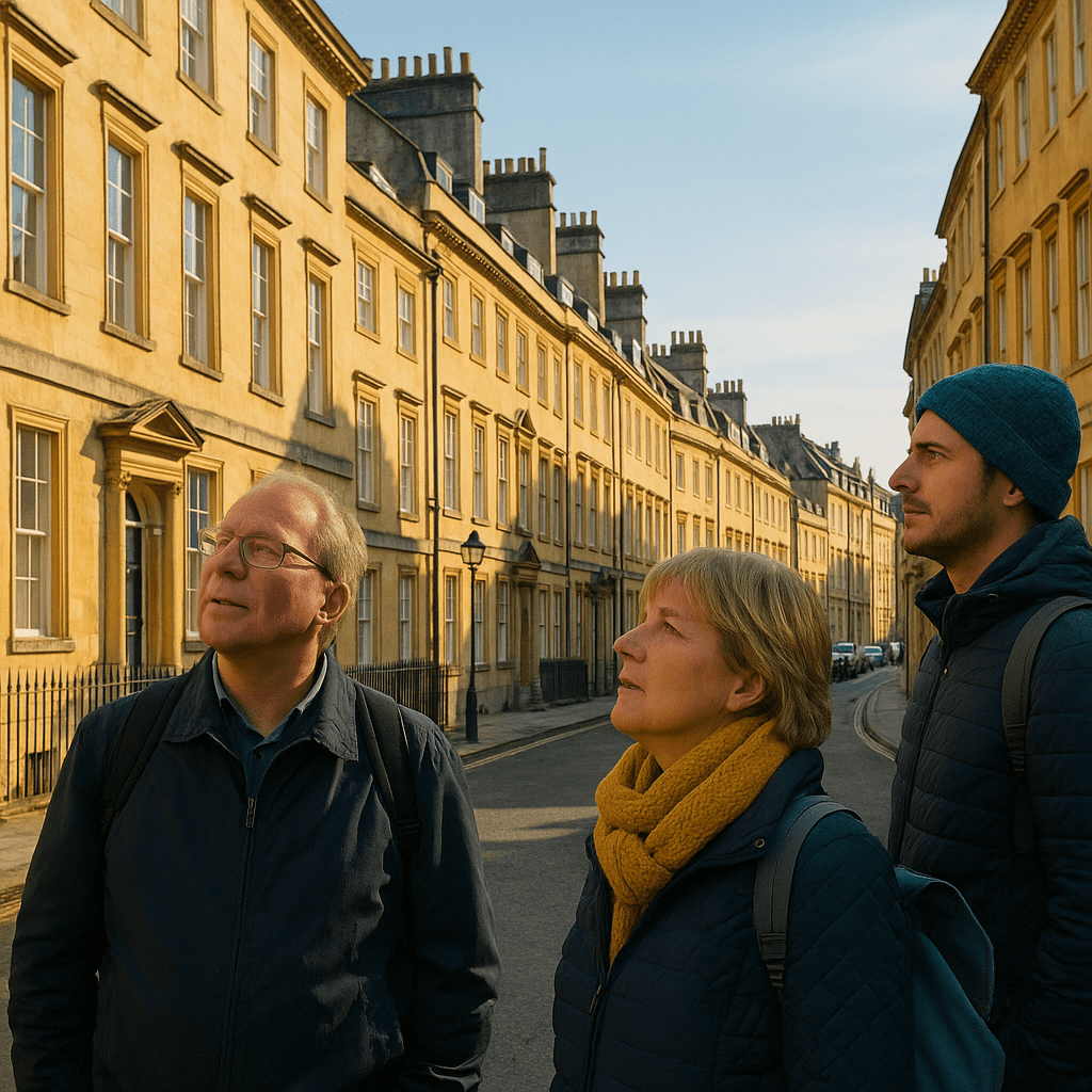 Zwei deutsche Touristen betrachten historische Architektur in Bath bei Sonnenlicht auf einer Altstadtstraße