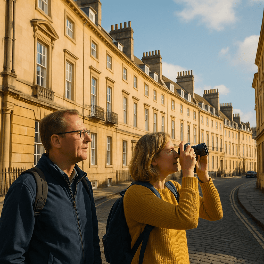 Zwei deutsche Touristen betrachten sonnenbeschienene historische Gebäude in Bath