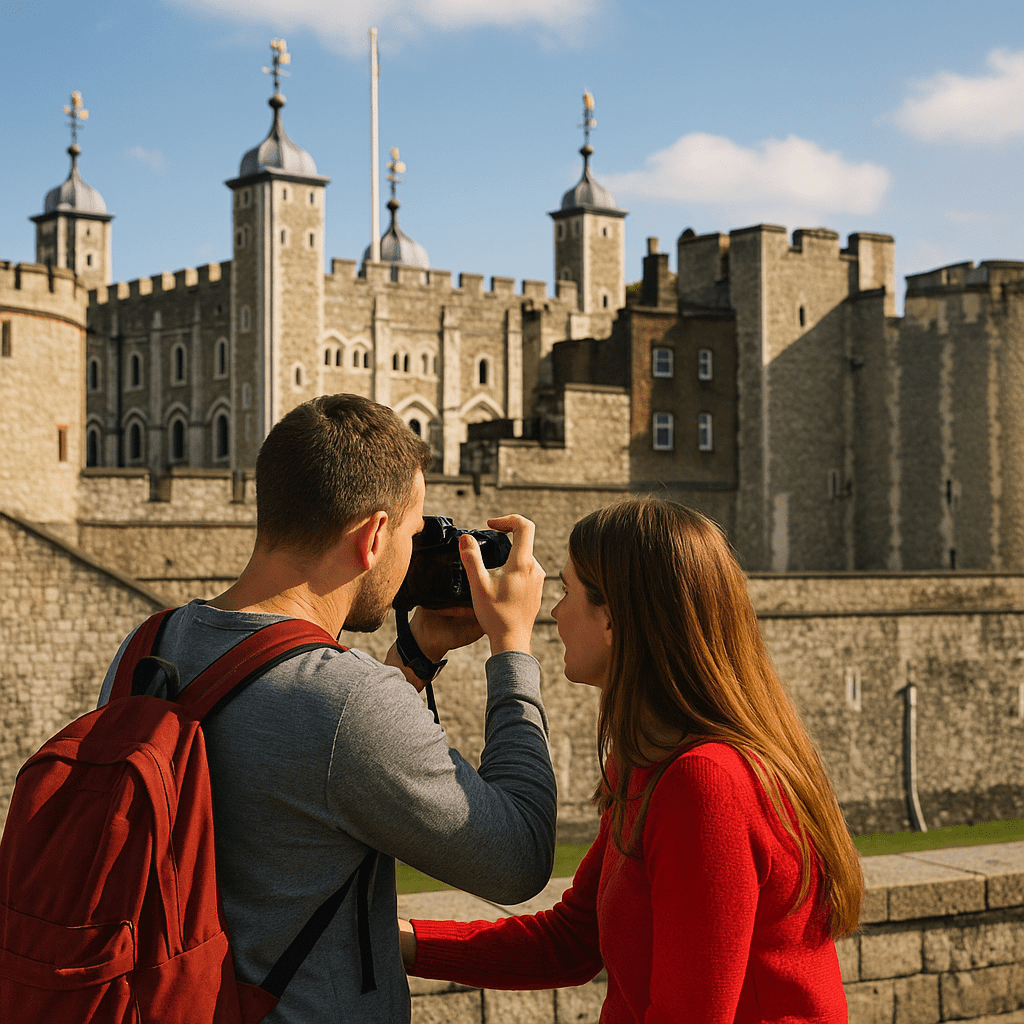 Deutsches Paar fotografiert den Tower of London im Sonnenlicht