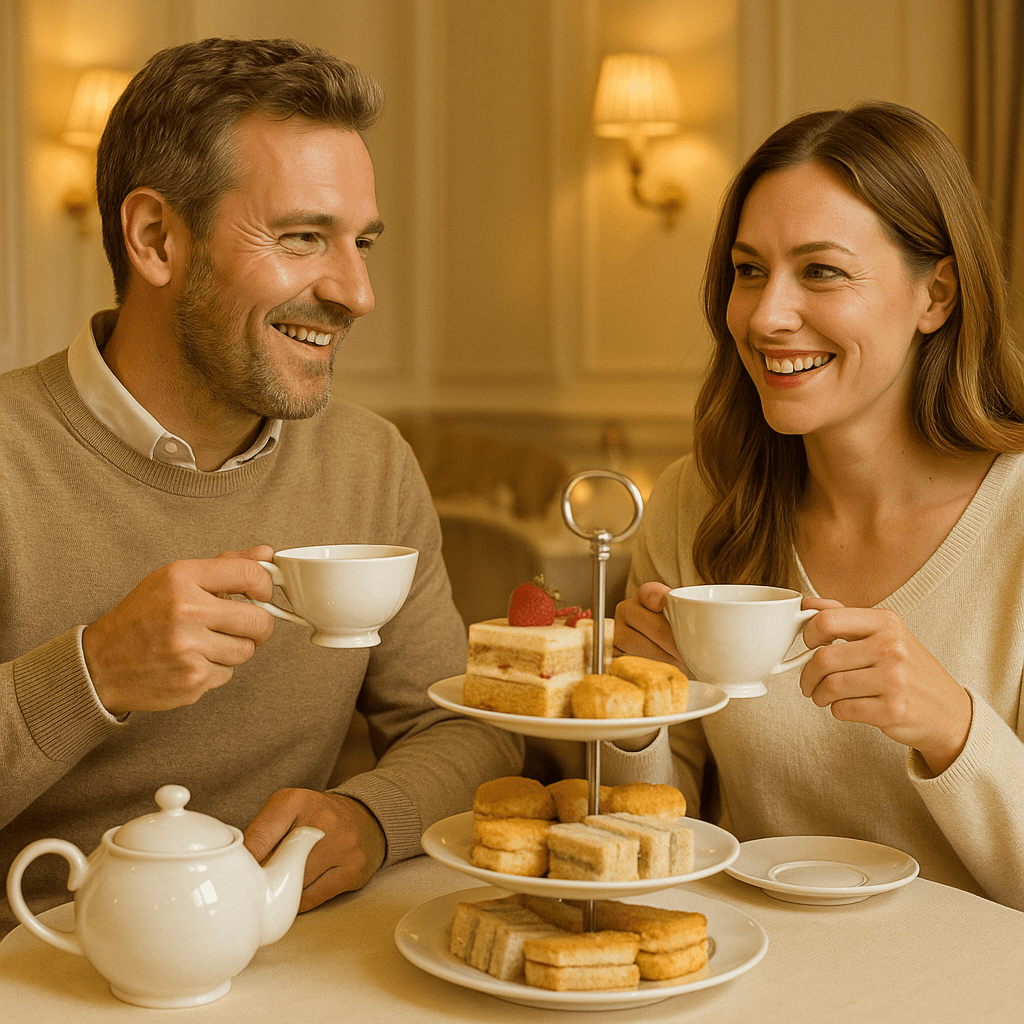 Deutsches Paar trinkt stilvoll Afternoon Tea in Londons edlem Tea Room