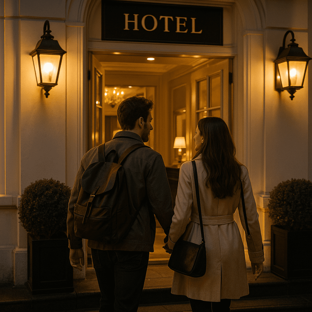 Deutsches Paar betritt am Abend ein stilvolles Boutique-Hotel im Vereinigten Königreich
