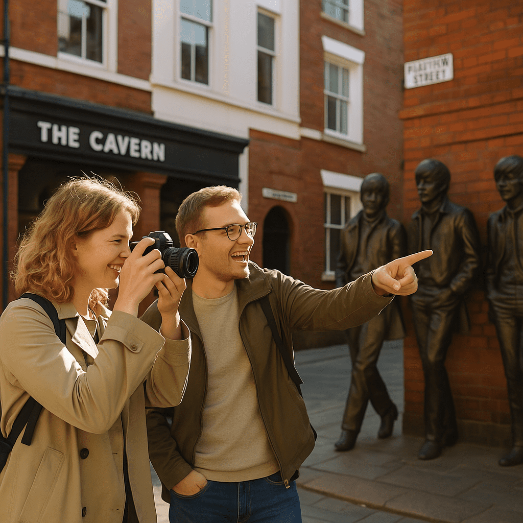 Deutsches Paar fotografiert Beatles-Sehenswürdigkeiten in Liverpool am Nachmittag