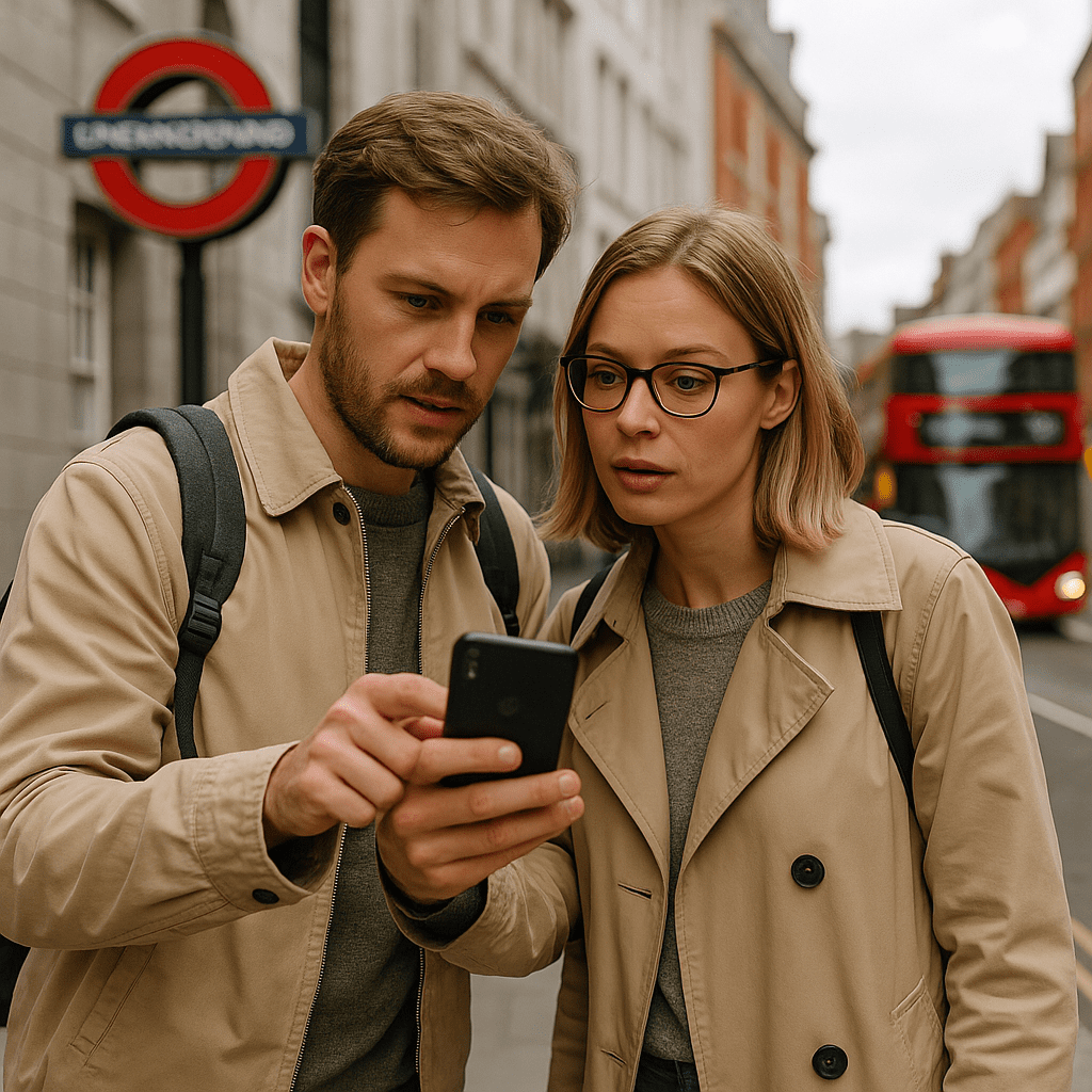 Deutsches Paar nutzt Smartphone-Karte zur Orientierung in Londons Straßen an einem sonnigen Tag
