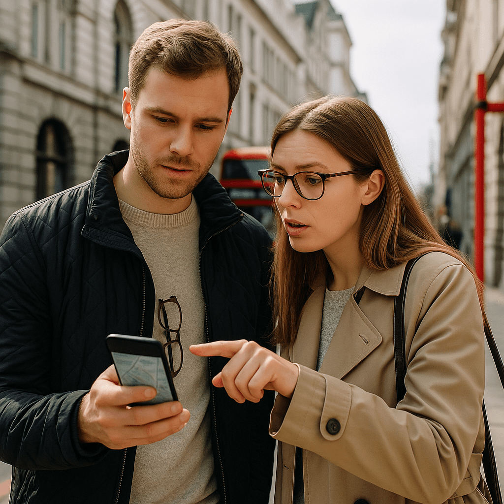 Deutsches Paar liest Smartphone-Karte beim Navigieren durch Londons Straßen am Tag