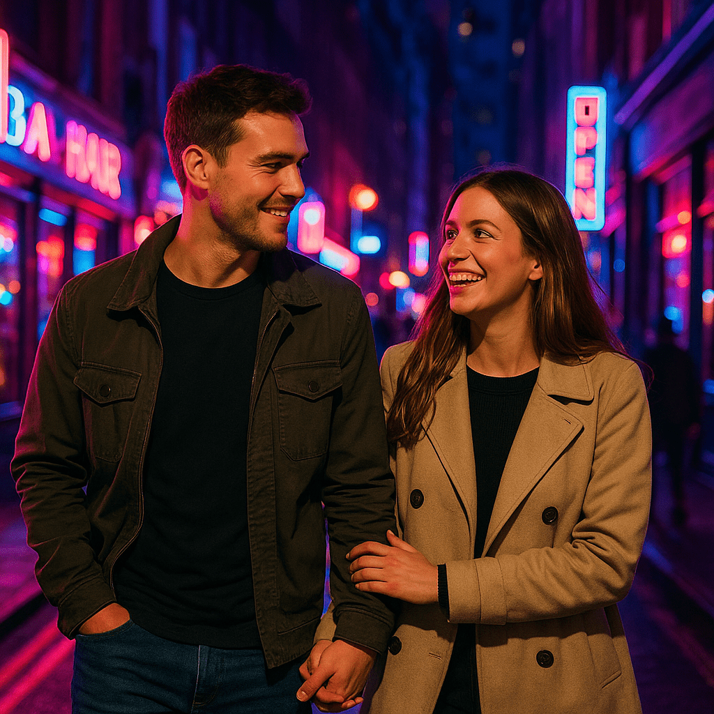 Deutsches Paar spaziert nachts durch Soho mit Neonlichtern in Blau, Rosa und Lila