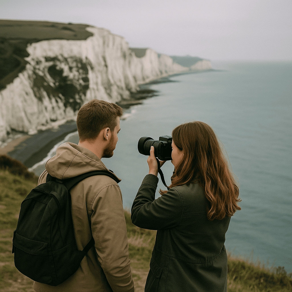 Deutsches Paar fotografiert die weißen Klippen von Dover bei bewölktem Himmel an der englischen Küste