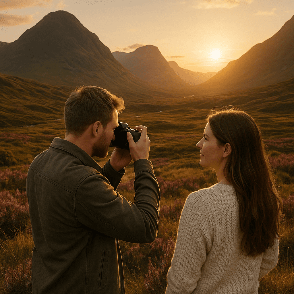 Deutsches Paar fotografiert während der goldenen Stunde die schottischen Highlands mit grünen Hügeln und lila Heidekraut