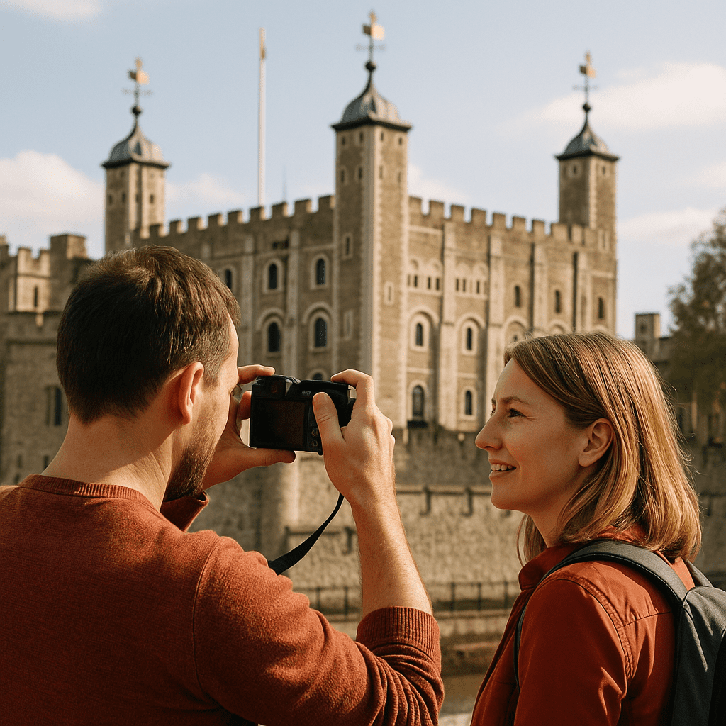 Ein deutsches Paar fotografiert bei Sonnenlicht den Tower of London, historische Festung in London