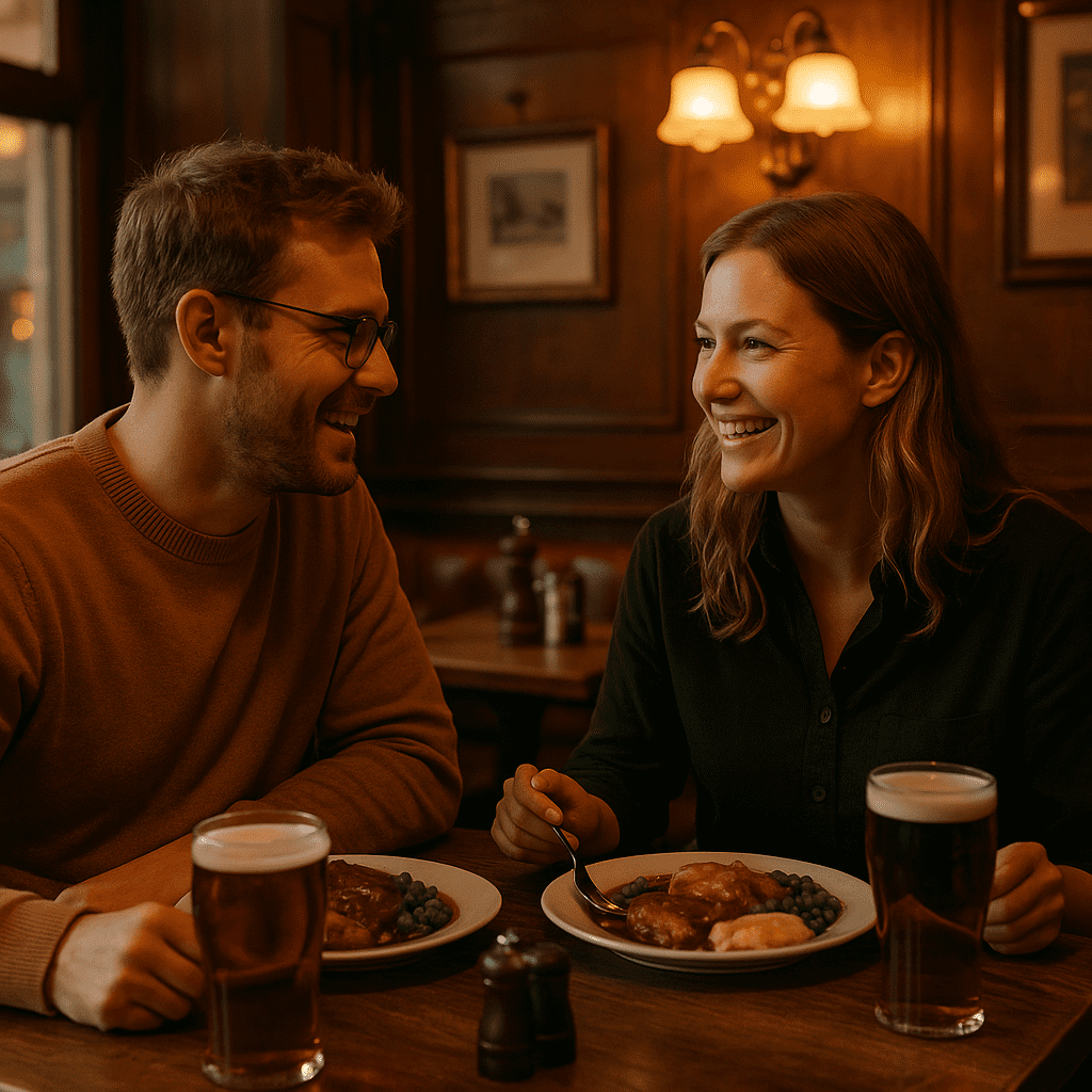 Deutsches Paar beim Essen in gemütlichem britischen Pub mit Holz & warmem Licht