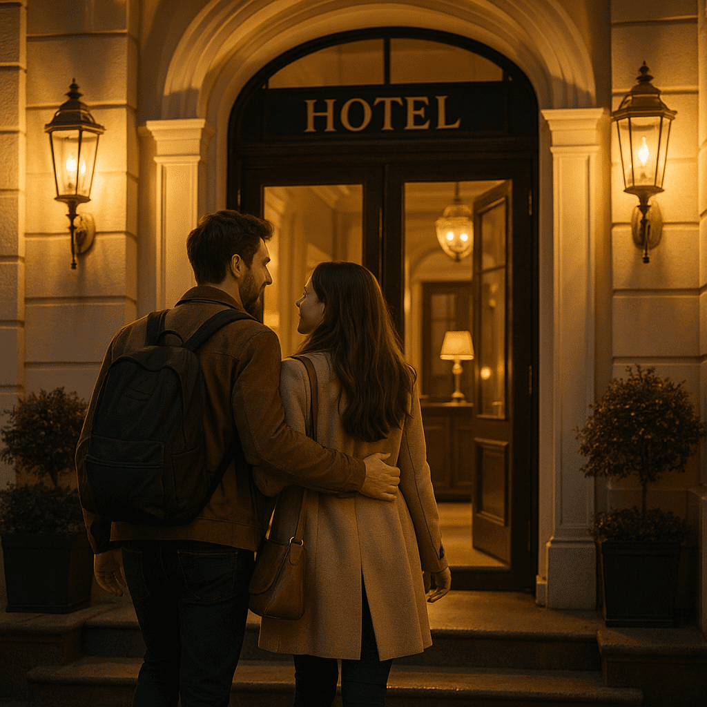 Deutsches Paar betritt am Abend ein Boutique-Hotel im Vereinigten Königreich