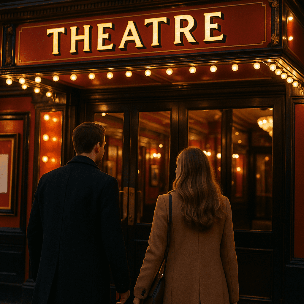 Ein deutsches Paar betritt am Abend ein West End Theater mit rotem Teppich