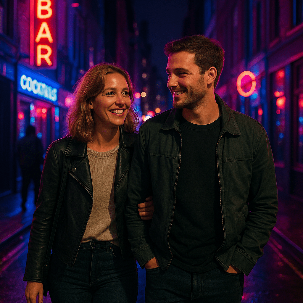 Deutsches Paar spaziert durch Soho bei Nacht unter Neonlichtern