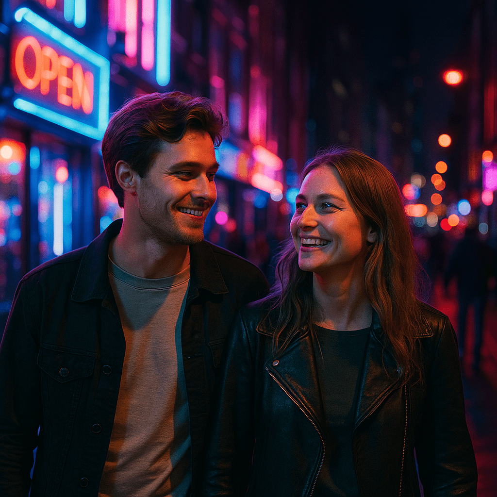 Deutsches Paar spaziert durch Soho bei Nacht mit Neonlichtern in Blau, Pink und Lila