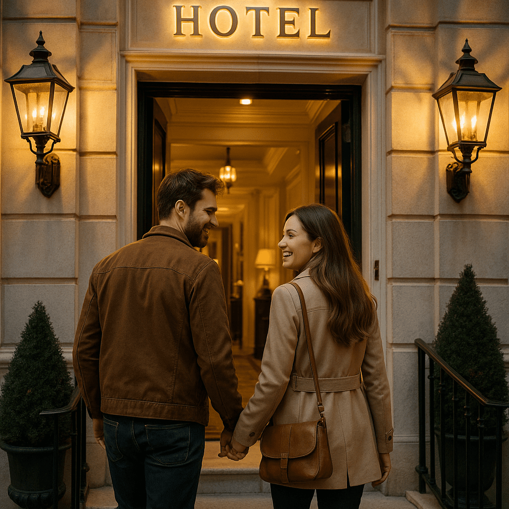 Deutsches Paar betritt stilvoll ein Boutiquehotel im Vereinigten Königreich bei Abendlicht
