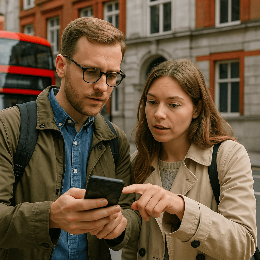 Deutsches Paar nutzt Smartphone zur Orientierung in Londons Straßen bei Tageslicht