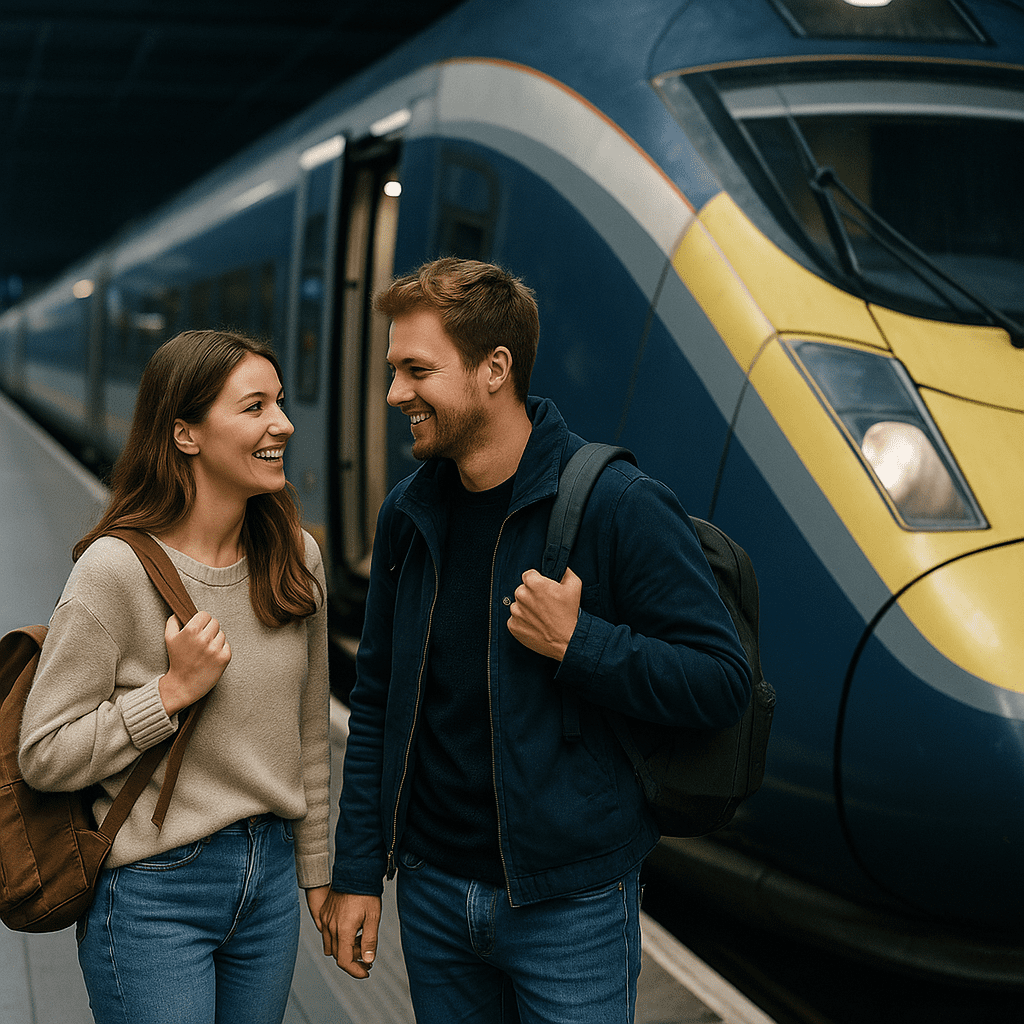 Deutsches Paar am Bahnsteig vor Abfahrt mit dem Eurostar nach London