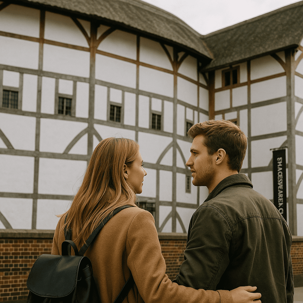 Junges deutsches Paar betrachtet das Shakespeare's Globe Theatre bei Tageslicht