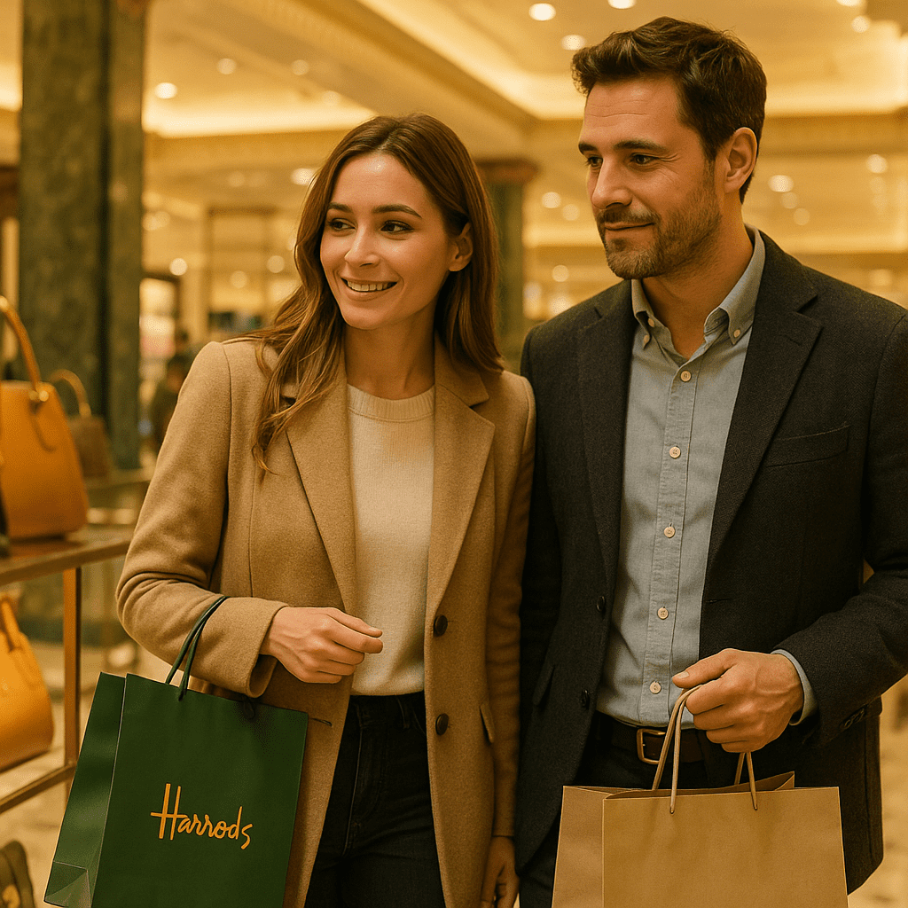 Pärchen beim Einkaufen in Harrods in weichem Licht, Innenaufnahme