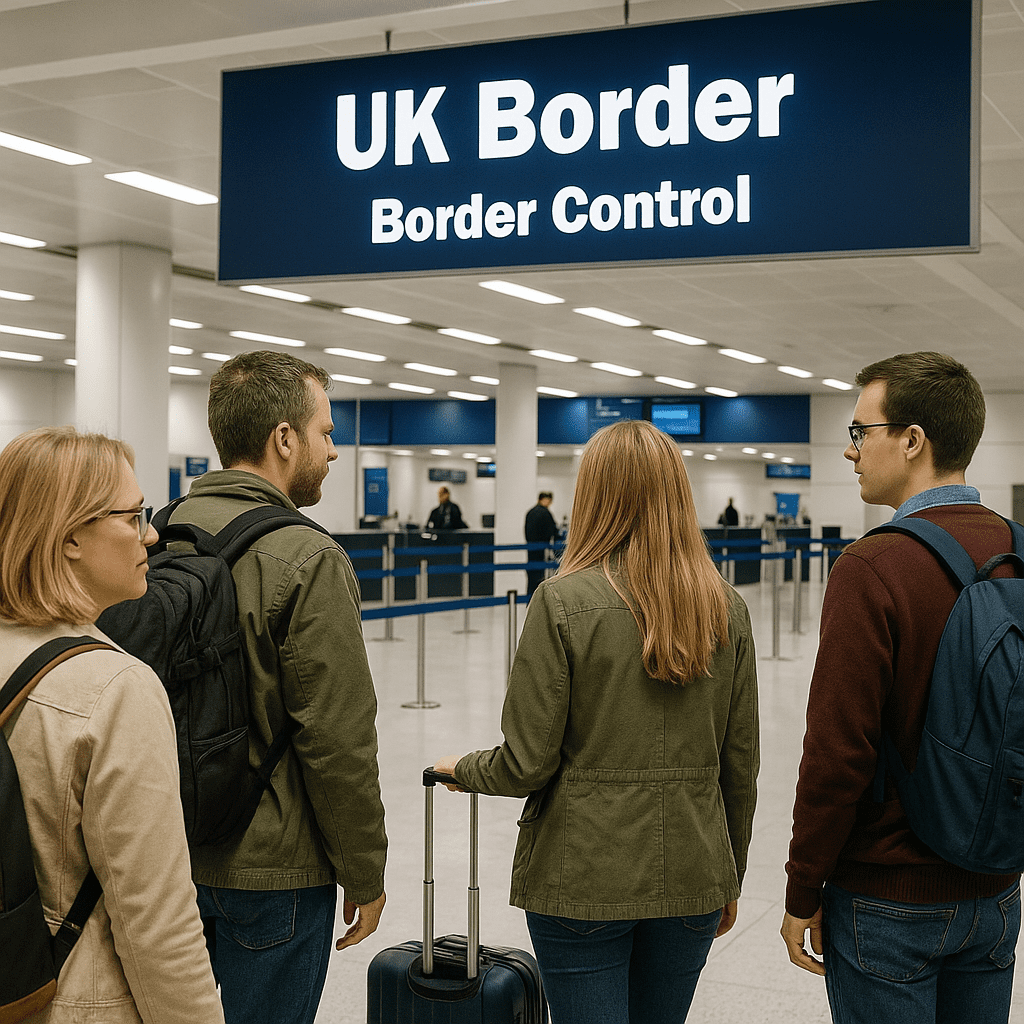 Deutsche Touristen passieren die britische Grenzkontrolle am Flughafen