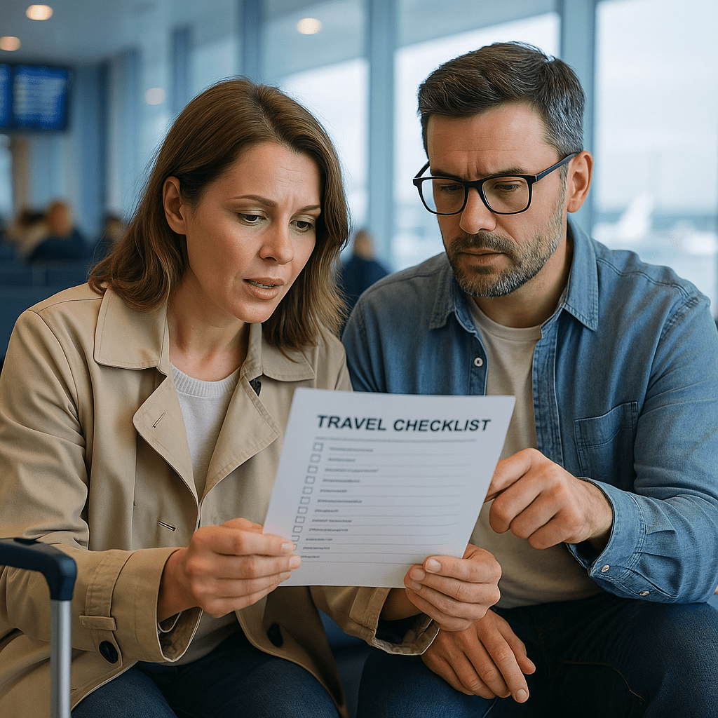 Eltern überprüfen Reiseliste in Flughafenlounge mit blauer und weißer Einrichtung