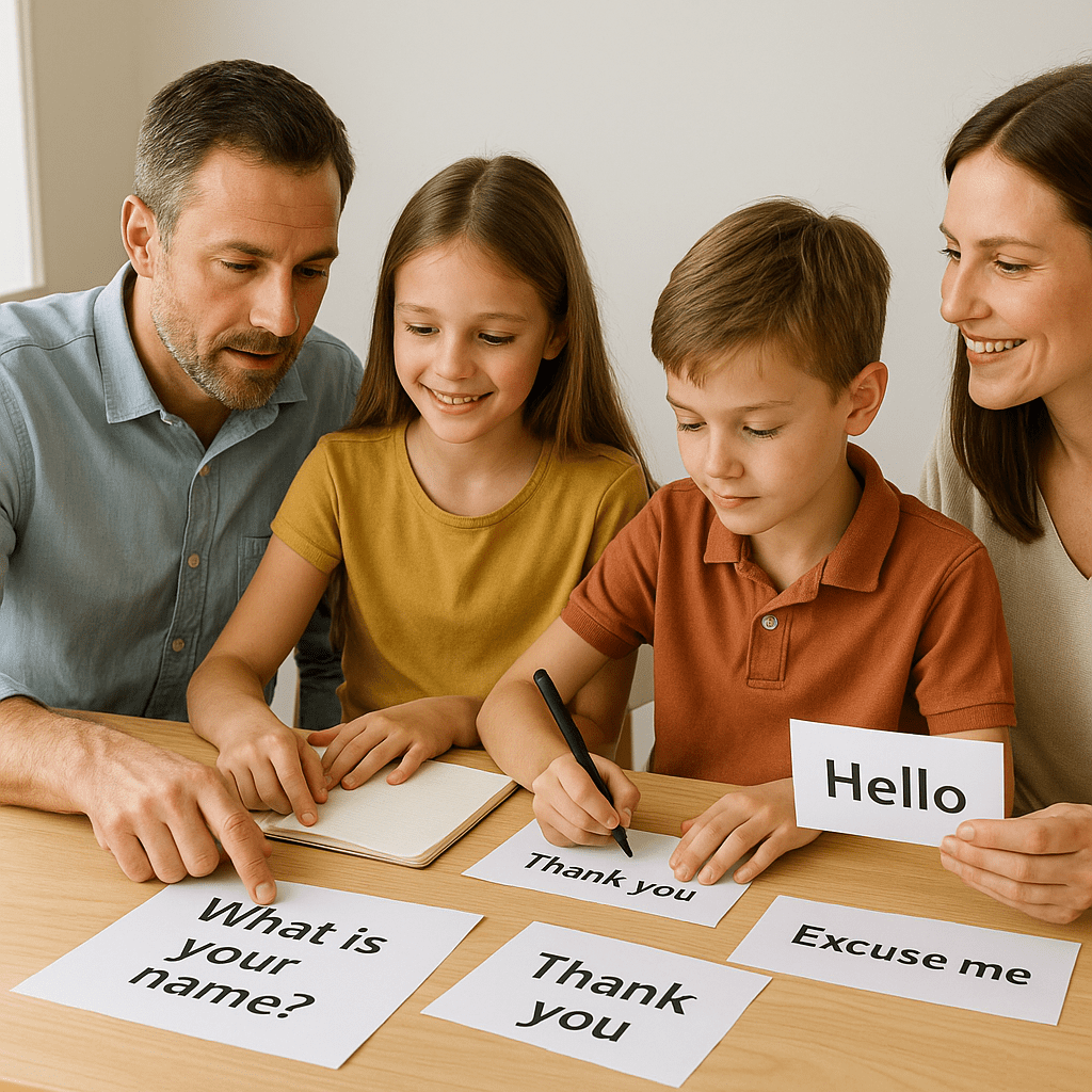 Eltern unterstützen Kinder beim Englischlernen in hellem Lernbereich