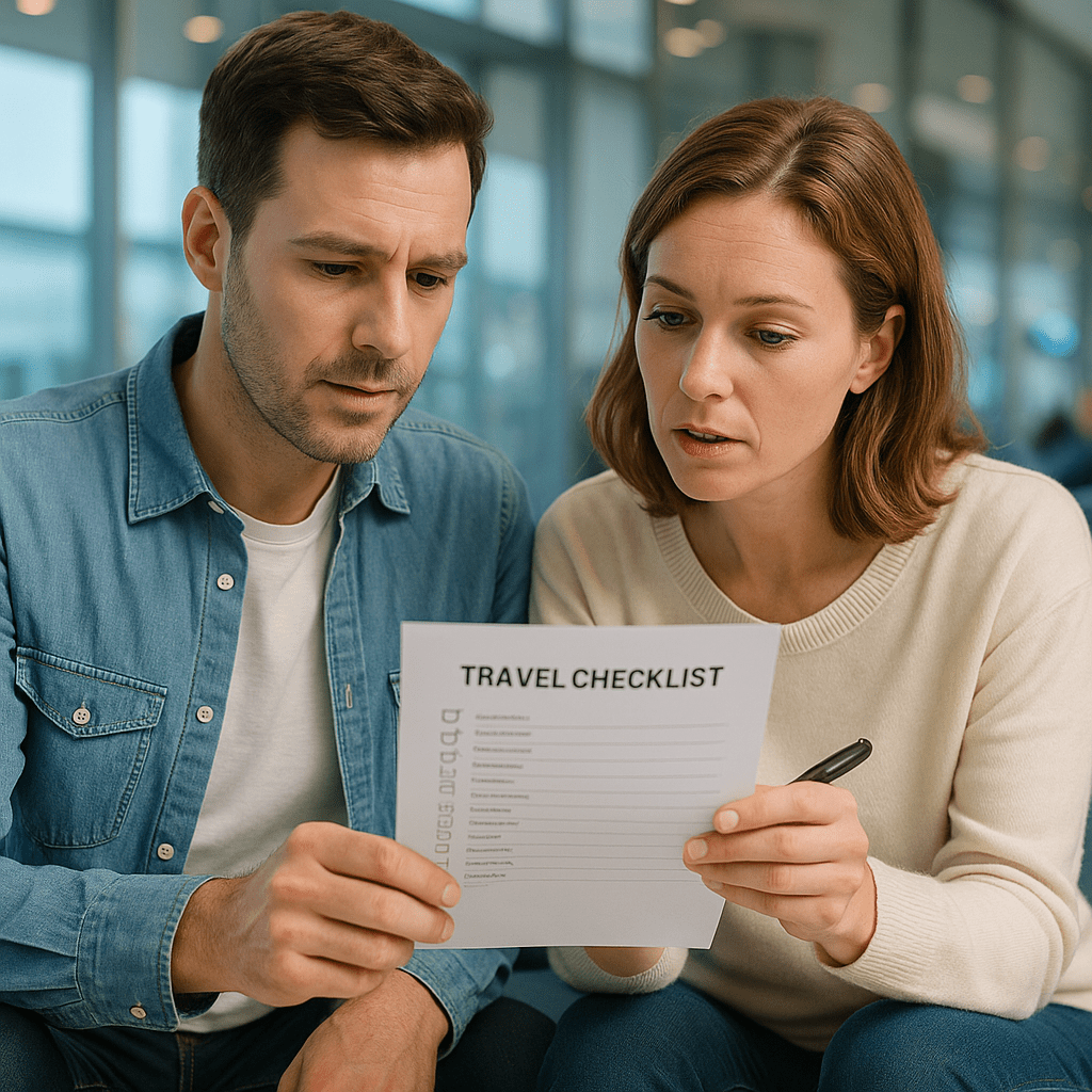 Eltern prüfen ihre Reisecheckliste in einer Flughafenlounge mit sanftem Licht