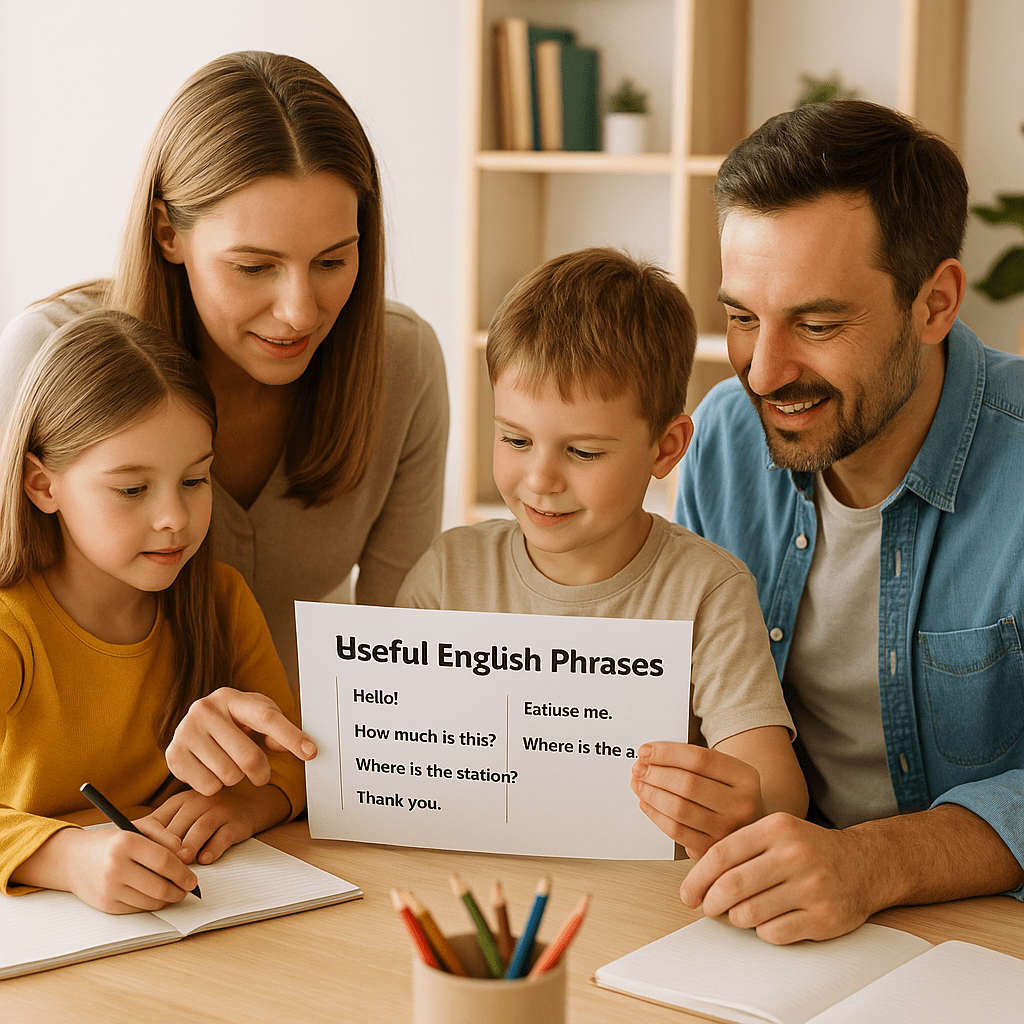 Eltern unterstützen Kinder beim Englischlernen für Großbritannien-Reise am Schreibtisch