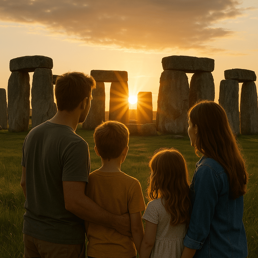 Familie mit Kindern besucht Stonehenge bei Sonnenaufgang zur Sommersonnenwende